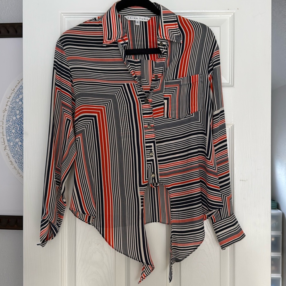 Trina Turk silky cropped top with button down & tie front
